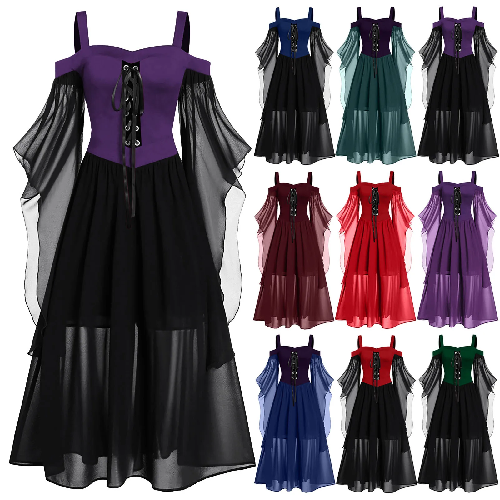 

Vintage Halloween Medieval Witch Dress for Women Plus Size Cold Shoulder Butterfly Sleeve Gothic Dresses Carnival Dress Up Party