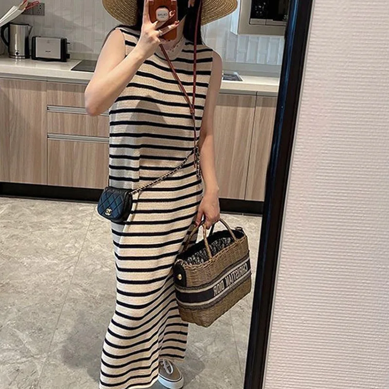 Boring Honey Dress for Women Striped O-Neck Summer Knitted Sleeveless Loose Slim Fit French Sweet Clothes Casual All-Match Skirt