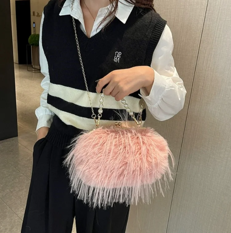 French Square Evening Banquet Bag Handle Pearls Plush Handbag Large Capacity Lock Buckle Shoulder Crossbody Bag Wedding