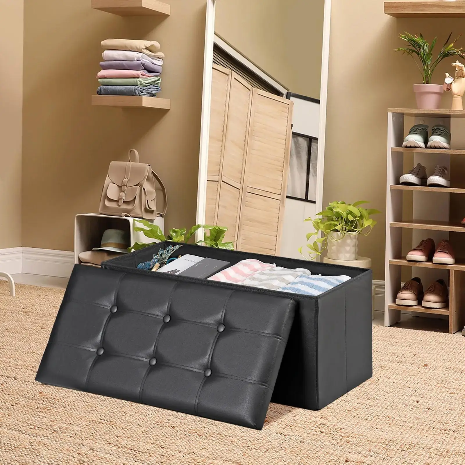 30 Inches Folding Storage Ottoman Bench, Storage Chest, Footrest, Coffee Table, Padded Seat, Faux Leather, Holds up to 350 lb