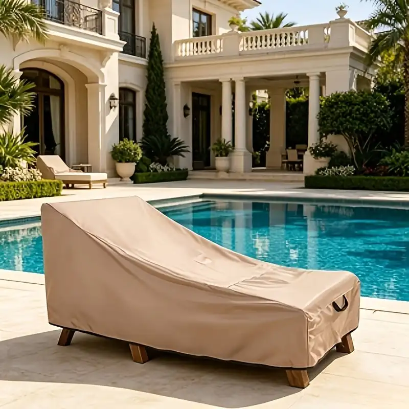 Beige Patio Chaise Lounge Cover, Heavy‑Duty Waterproof Outdoor Recliner Protector, UV‑Resistant Windproof Dust‑Proof Lounge Chai