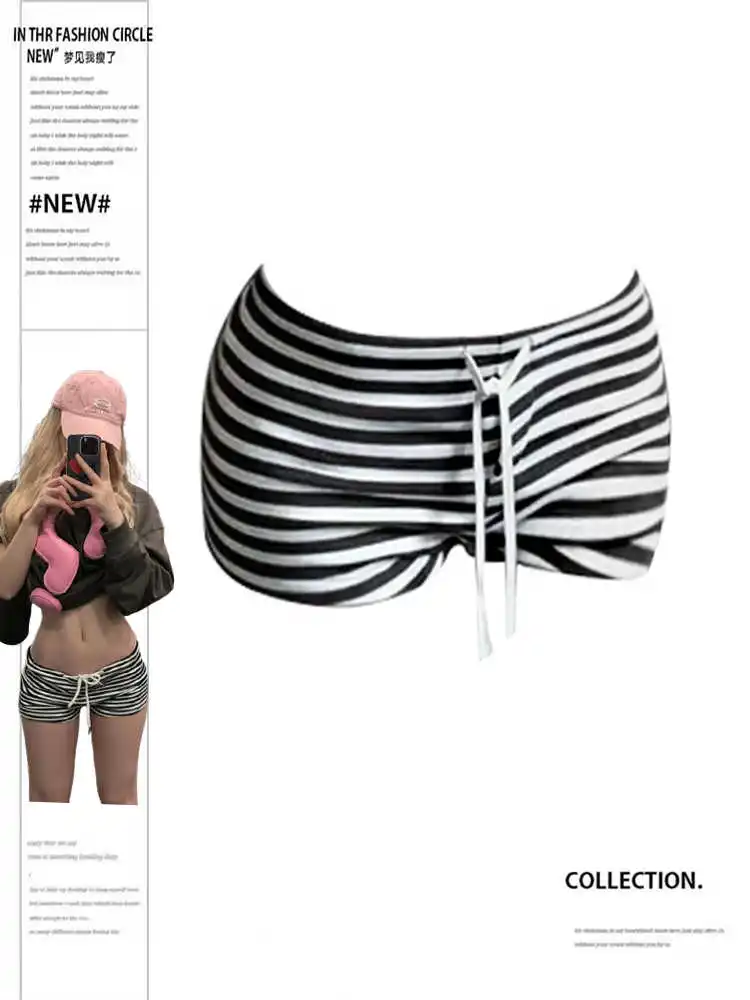 2025 Summer Women Kpop Y2k Streetwear Striped Gyaru Shorts Skinny 2000s Japanese Harajuku Hot Pants Coquette Kawaii Stretch New