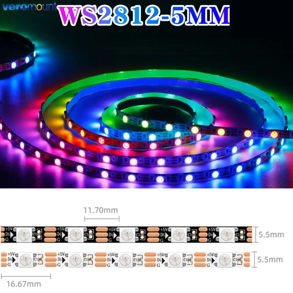 

DC5V WS2812B Flexible Pixel LED Strip Built-in IC SMD 5050 RGB Individually Addressable 60LEDs/m Narrow 5mm Black White PCB IP20