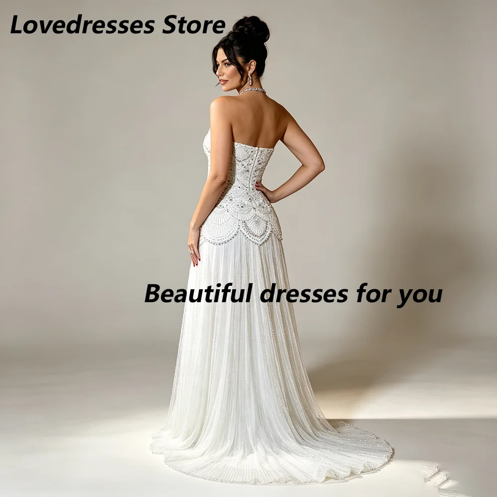 Customized White Strapless A Line Mother Of Bride Dresses Scalloped Beaded Bodice Tassel Long Train Wedding Formal Dress
