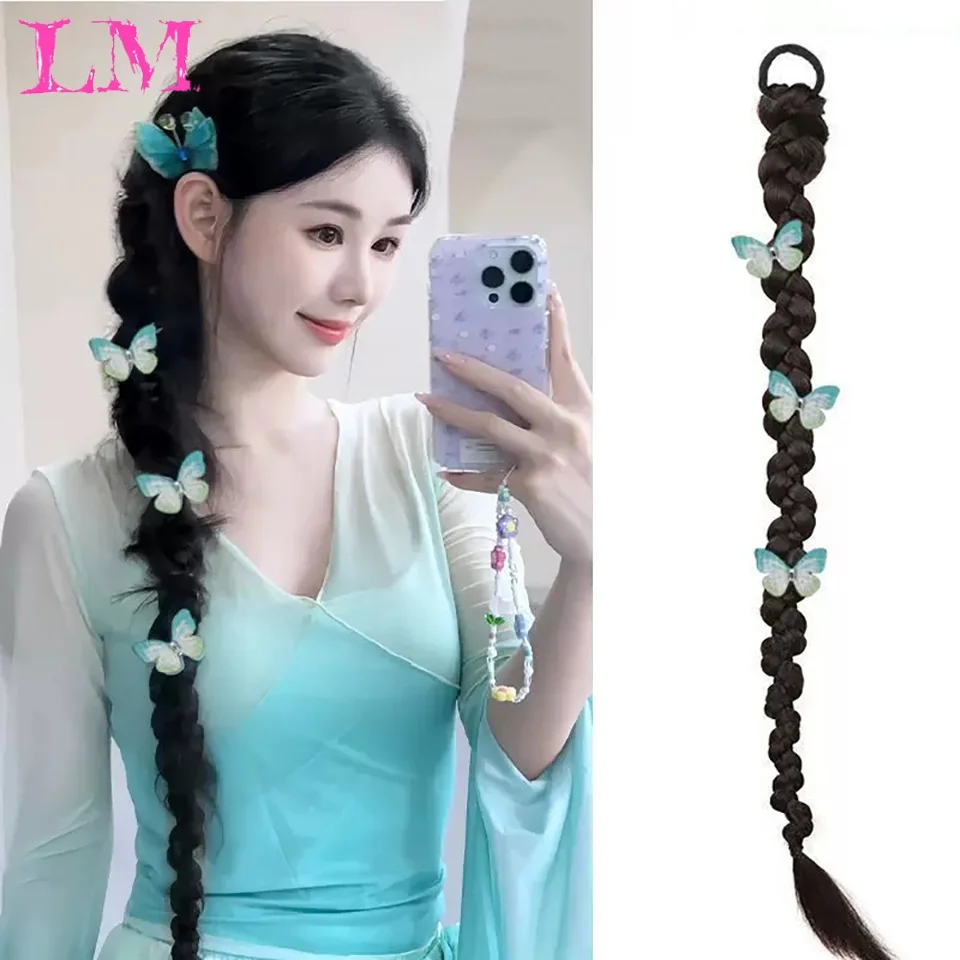 LM Blue Butterfly Decor Long Single Twist Braid Ponytail Synthetic Hanfu Retro Braid Hair Tie for Women Ancient Costume Styling