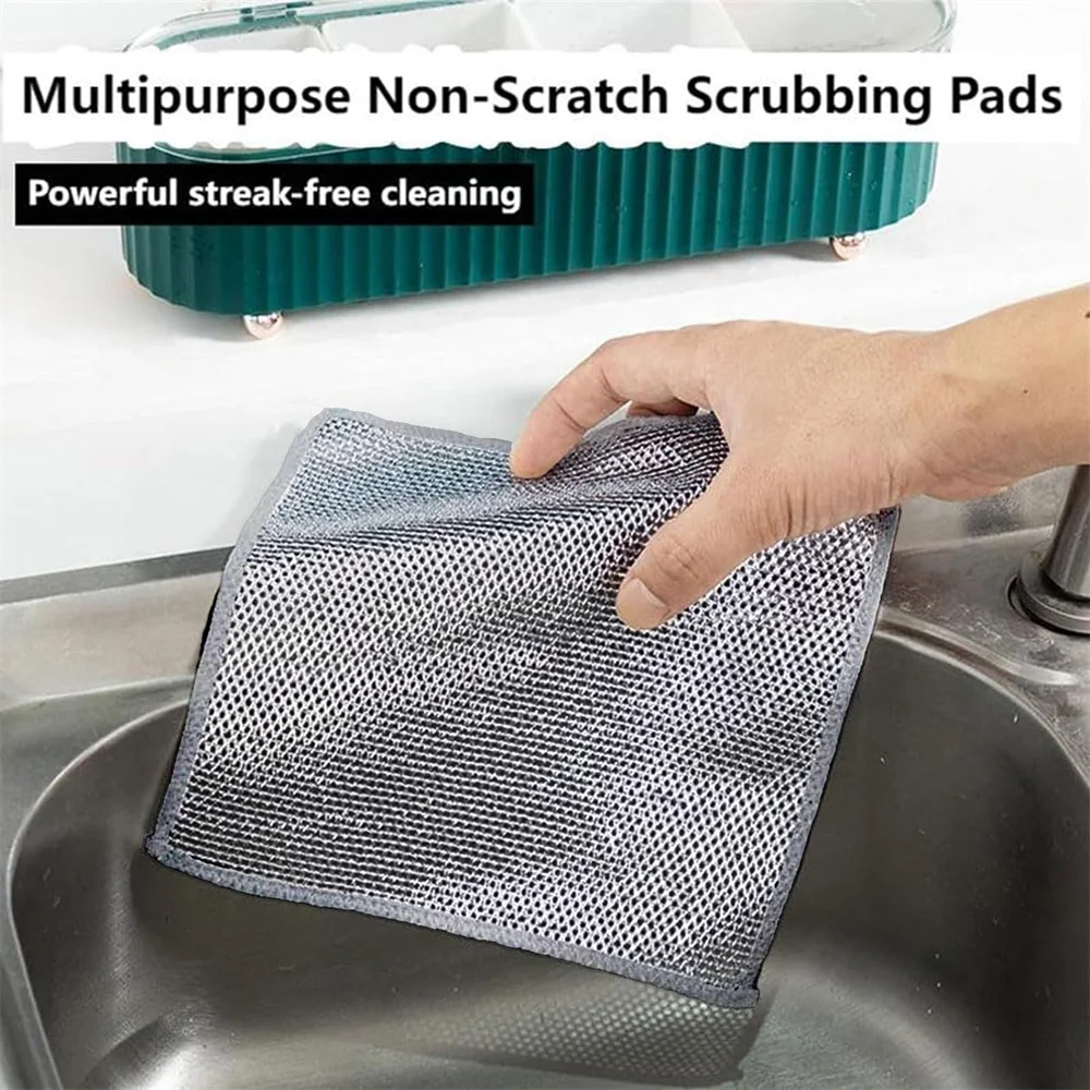 10pcs New Magic Dishcloth Silver Wire Cleaning Kitchen Cloth Thickened Microfiber Wash Towel Built-in Sponge Steel Wire Ball Rag
