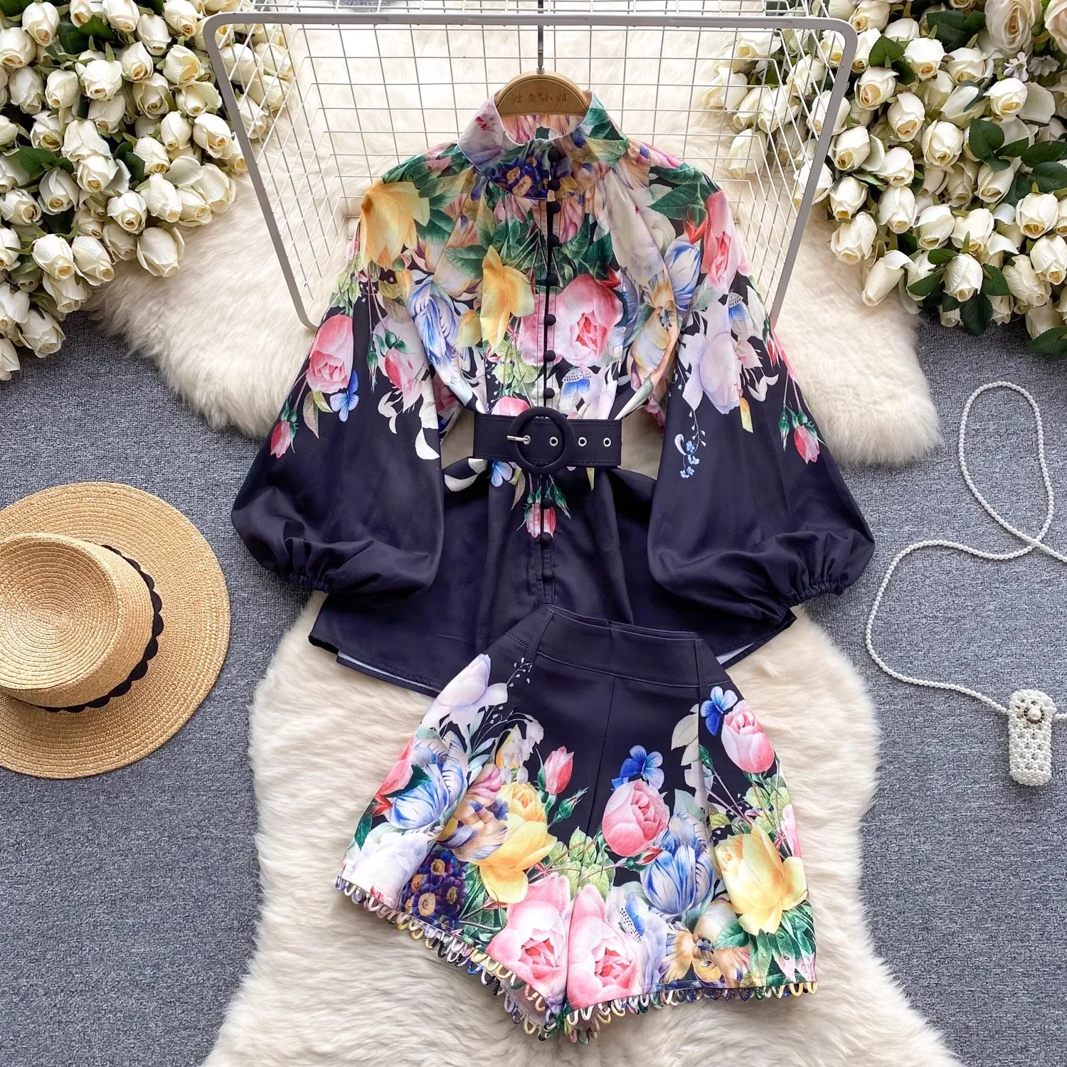 2024 Summer Two-piece Shorts Women's Standing Lantern Sleeve Printed Loose Belt Shirt + Hollow Bottom Shorts Matching Set