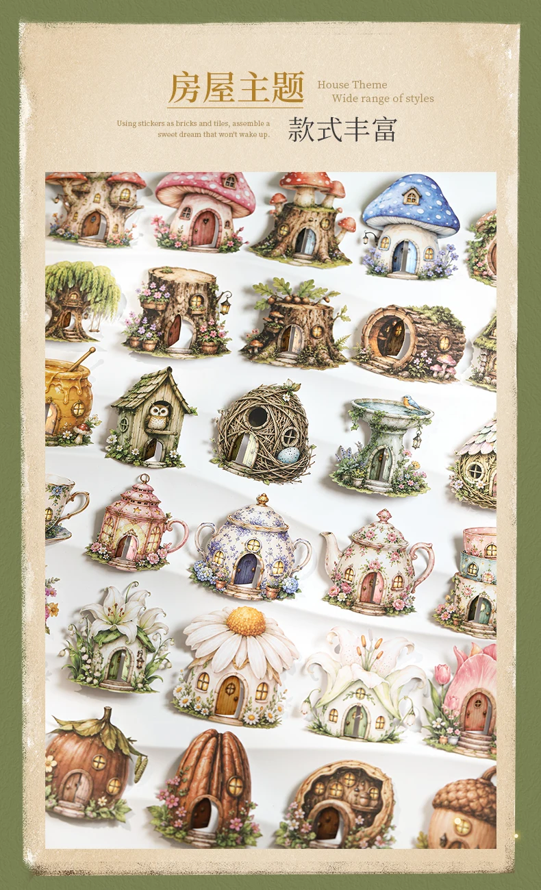 Journal GO 10pcs Fairy Tale Forest House Stickers, Vintage Mushroom Teapot Cottage Decal for Scrapbooking Journaling & Craft DIY