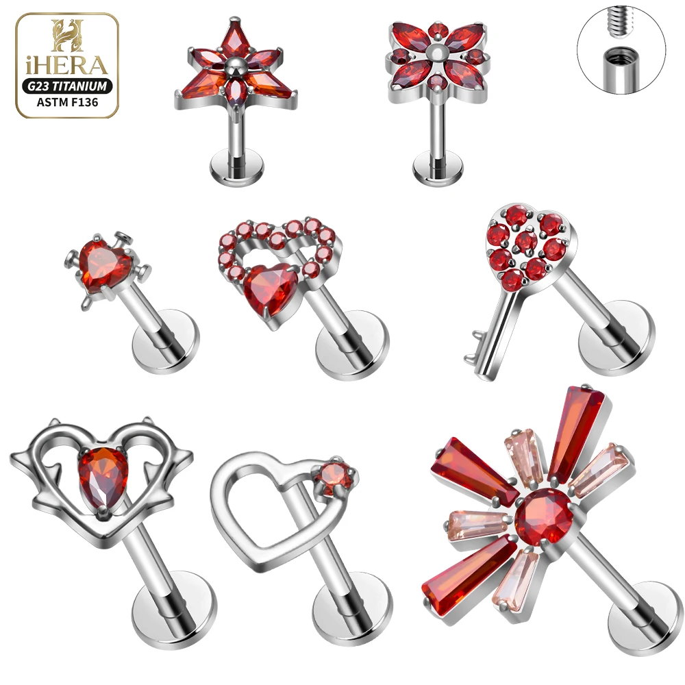 Flache Rückseite ASTM F136 Titan Piercing-Ringe Set Rote CZ Herz Blume Schlüssel Ohrstecker Helix Tragus Conch Labret Ohrring Schmuck-Set