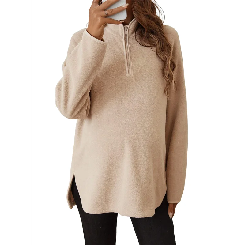 

AOAO-Pregnant Women Long Sleeve Loose Shirt Half Zipper High Neck Casual Pregnancy Pullover,