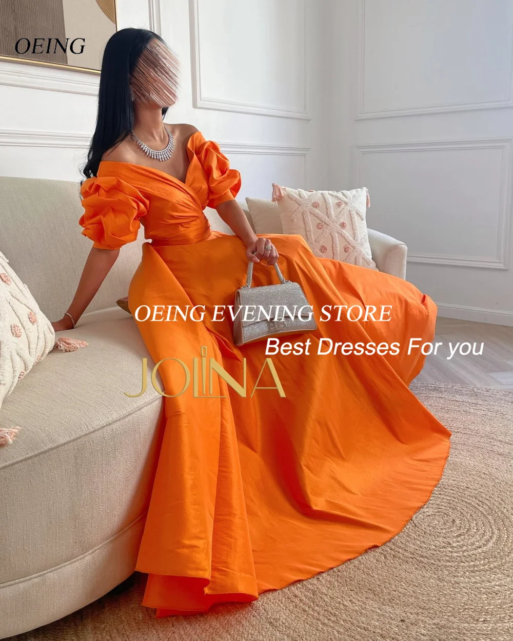 OEING Vintage Floor Length Satin Evening Gowns A-Line Prom Dresses Off the Shoulder Orange Saudi Arabia Vestidos De Novia