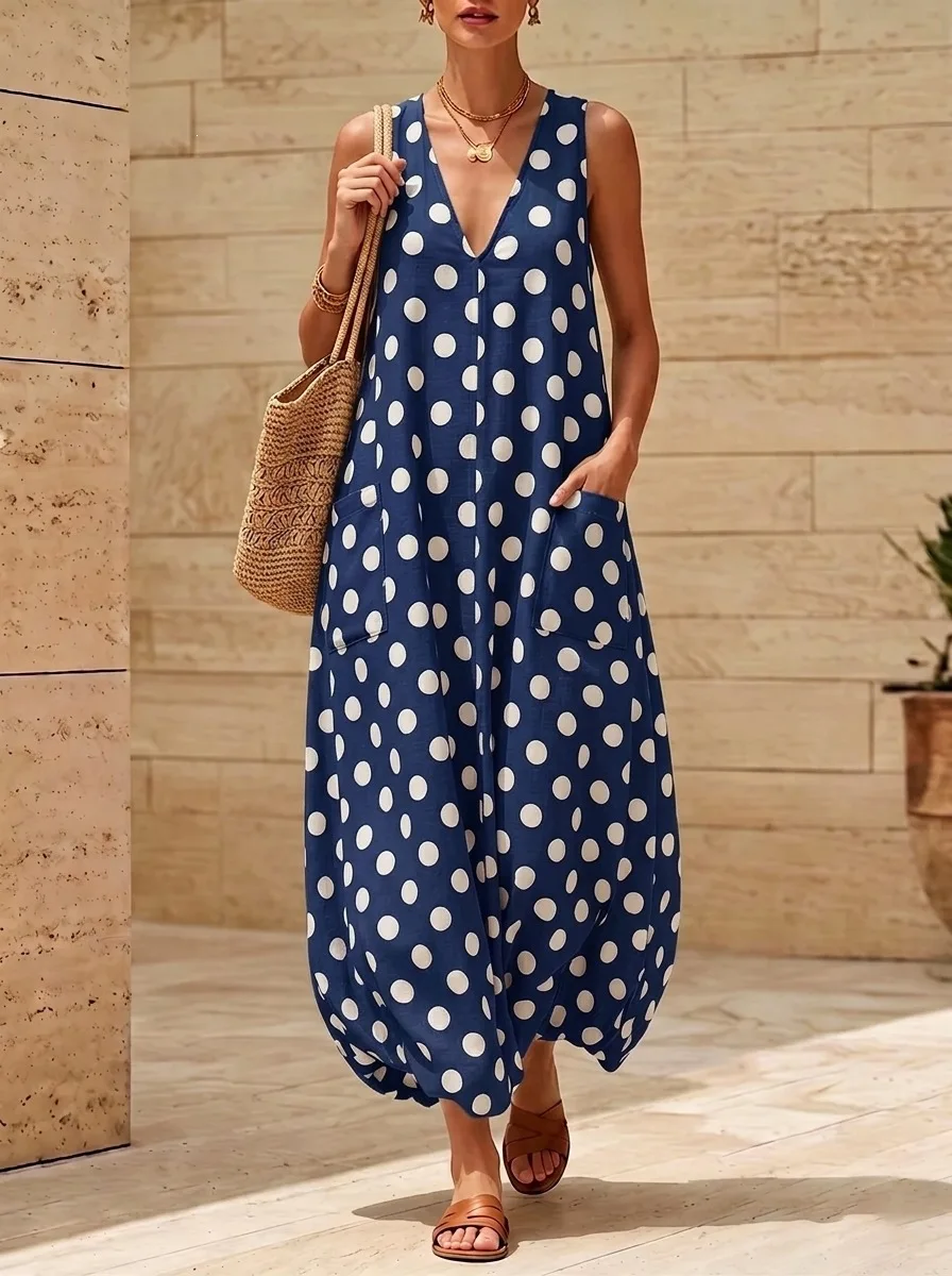 Damen ärmelloses Maxikleid mit tiefem V-Ausschnitt, lockeres, gepunktetes langes Kleid mit Taschen, Sommer, Freizeit, Urlaub, Strand, Alltag, fließendes Kleid