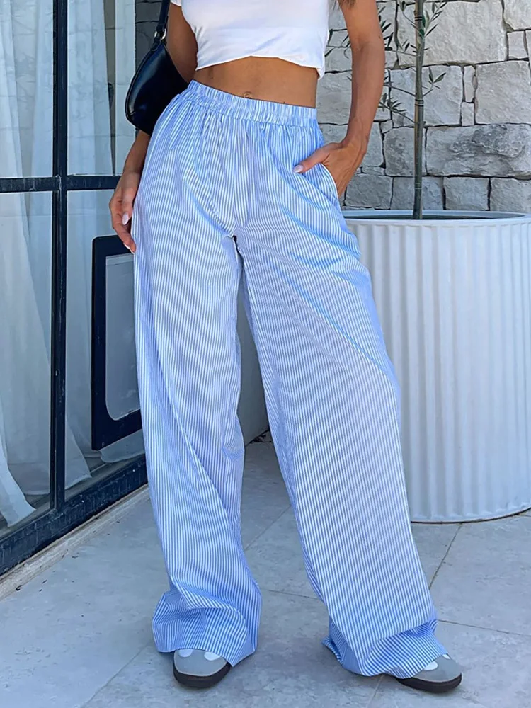 Y2K Striped Print Long Pant Women Elastic Waist Wide Leg Pants Fashion Casual Cotton Straight Trousers