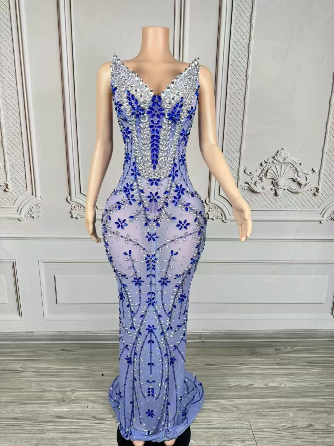 

Sparkly Blue Rhinestones Sleeveless Long Dress folWomen Sexy Sheer Mesh Party Celebrate BirthdayDress Photo Shoot Wear D245