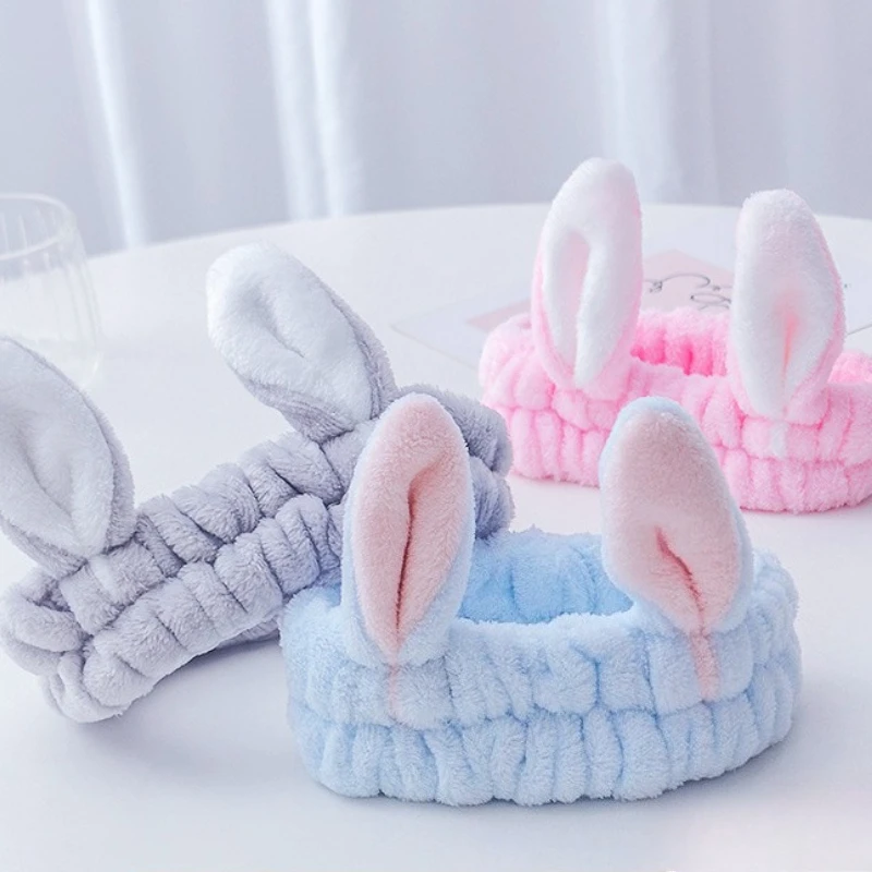 2026 New Korean Wide Headband with Cute Plush Rabbit Ears, Soft Hair Band for Face Washing Makeup Mask, Women Hair Accessories