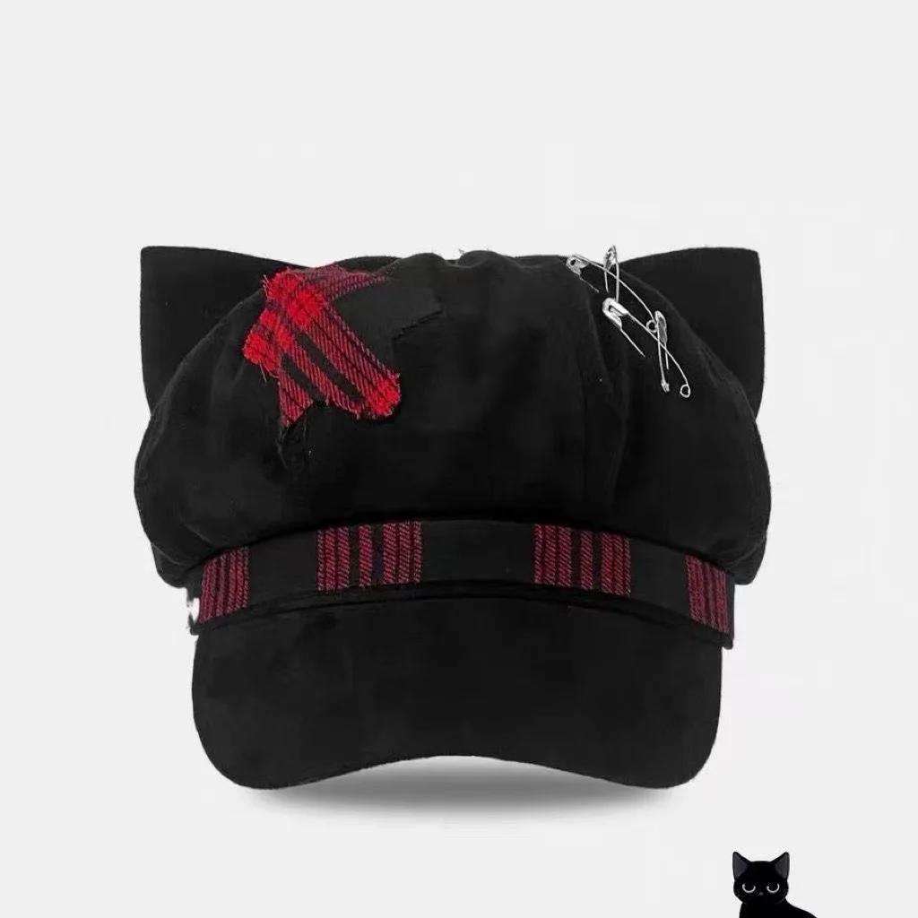 Black Cat Ear Newsboy Cap for Women Black‑Red Plaid Patch Safety Pin  Stripe Ribbon Brim Y2K Punk Alt Harajuku Streetwear  Hat