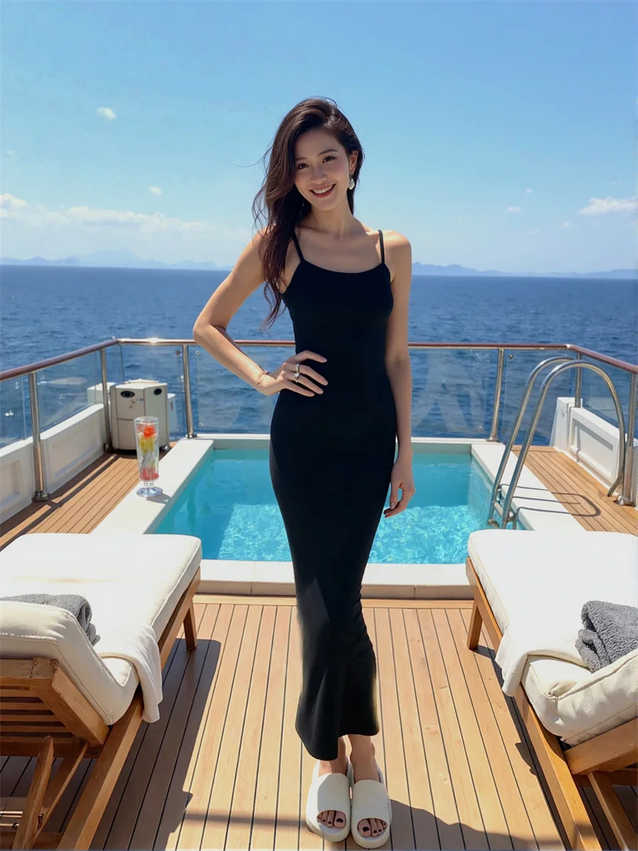 Vestido de mujer tendencia 2025 correa de espagueti ajustado verano con abertura lateral abertura alta dividida recorte agujeros huecos