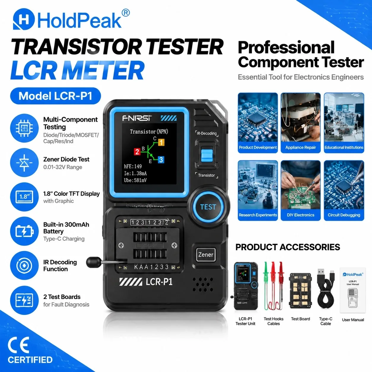 HoldPeak LCR-P1 Transistor Tester ESR Diode Triode Capacitance Resistance Meter NPN PNP MOSFET SMD Anti-Burn Type-C