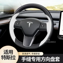 Per Tesla Model 3 Y X S nero bianco in pelle fai da te cucito a mano coprivolante copertura maniglia accessori interni