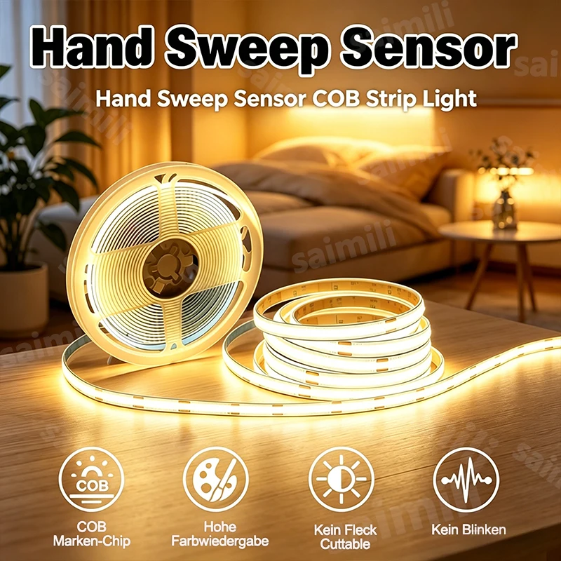 5V USB COB LED Strip Light Hand Sweep Sensor Dimmer Flexible Light Tape Waterproof for Room Cabinet Mirror DIY Ambient Backlight