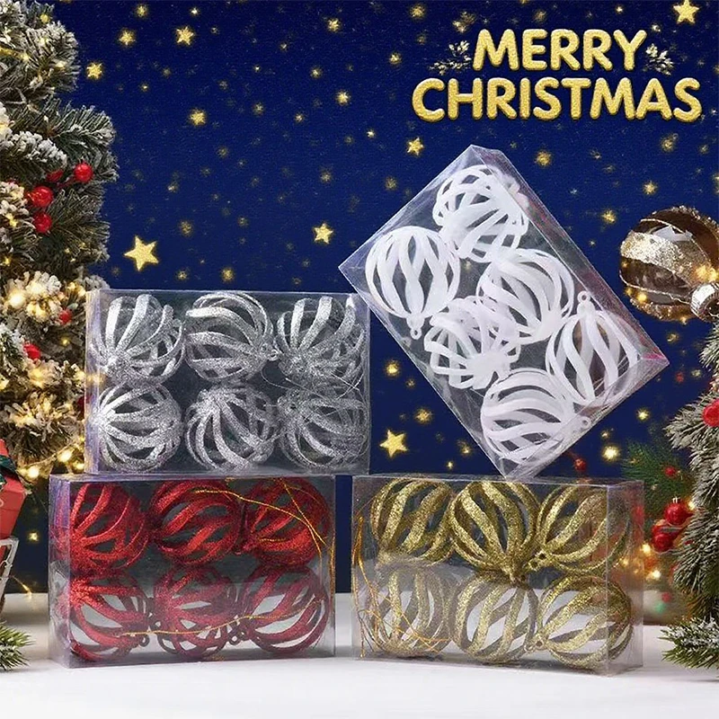 6Pcs Glitter Gold Pulver Hohl Weihnachten Ball Dekoration Weihnachten Baum Hängen Anhänger Home Party Anordnung Neue Jahr Geschenk Navidad