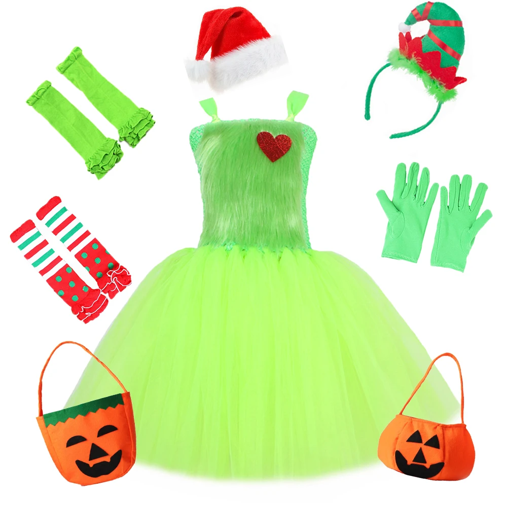 Movie Green Hair Cosplay Costume Sets Cute Dresses Uniform for Kids Outfit Halloween Carnival Party Monster Clothes Roleplay