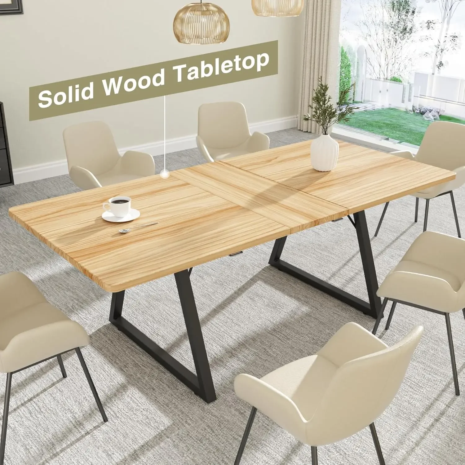 Solid Wood Extendable Dining Room Table for 4-6, 67" Rectangle Kitchen Table Mid Century Modern Large Dining Table Space