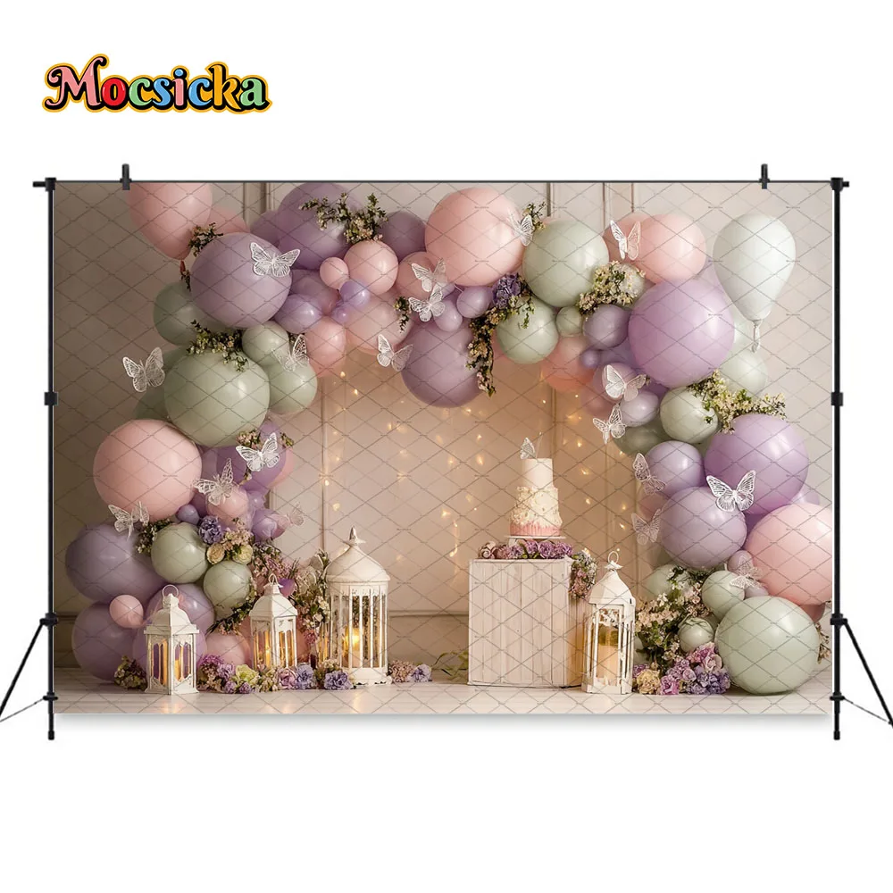 Mocsicka Girl 1st Birthday Backdrop Purple Balloon Decor Butterfly Floral Wedding Baby Shower Photography Background Studio