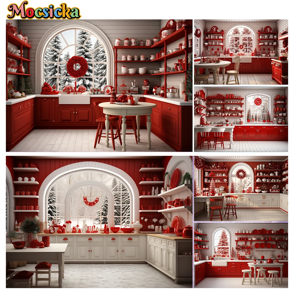 

Mocsicka Winter Photography Background Red Christmas Kitchen Theme Holiday Party Family Kids Portrait Photo Backdrops Studio