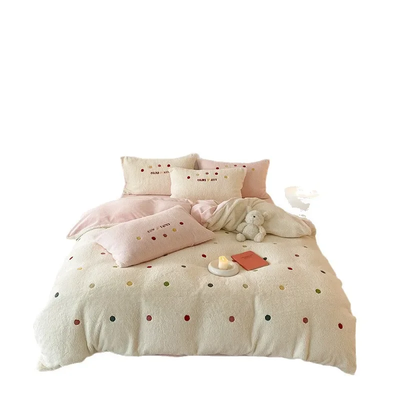 Korean ins style color polka dot sheep milk fleece four-piece girl heart embroidery quilt cover