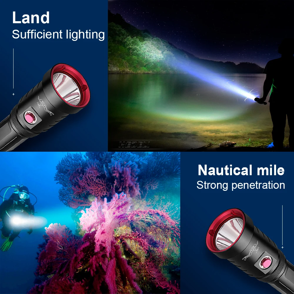 Linterna de buceo XHP70, linterna LED de alta potencia con batería 18650, 150M, resistente al agua IPX8, luz de buceo profesional