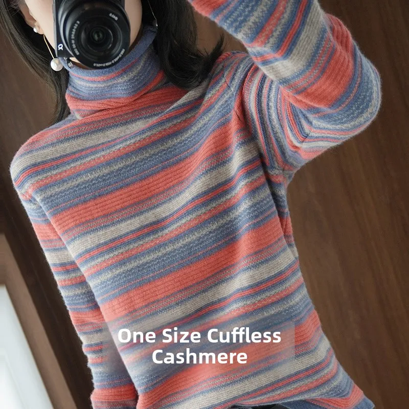 

Женский свитер из кашемира с высоким воротником, в ретро-полоску, осенне-зимняя новинка, верхняя одежда с воротником-стойкой, из кашемира.