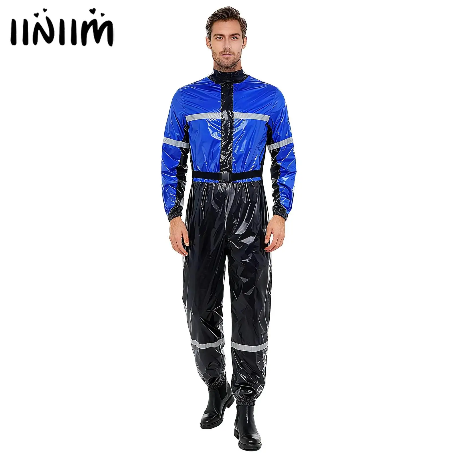 ชุดคลุมทำงานแบบมีแถบสะท้อนแสงสำหรับผู้ชาย กันน้ำ คอตั้ง แขนยาว ซิปหน้า มีเข็มขัด
