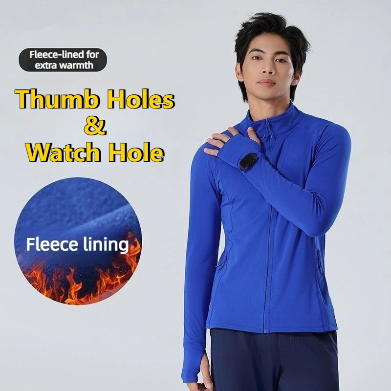 

Winter Thermal Lightweight Fleece Running Jacket with Stand Collar Stretch Cuff Thumb & Watch Holes for Marathon Outdoor Gym Men
