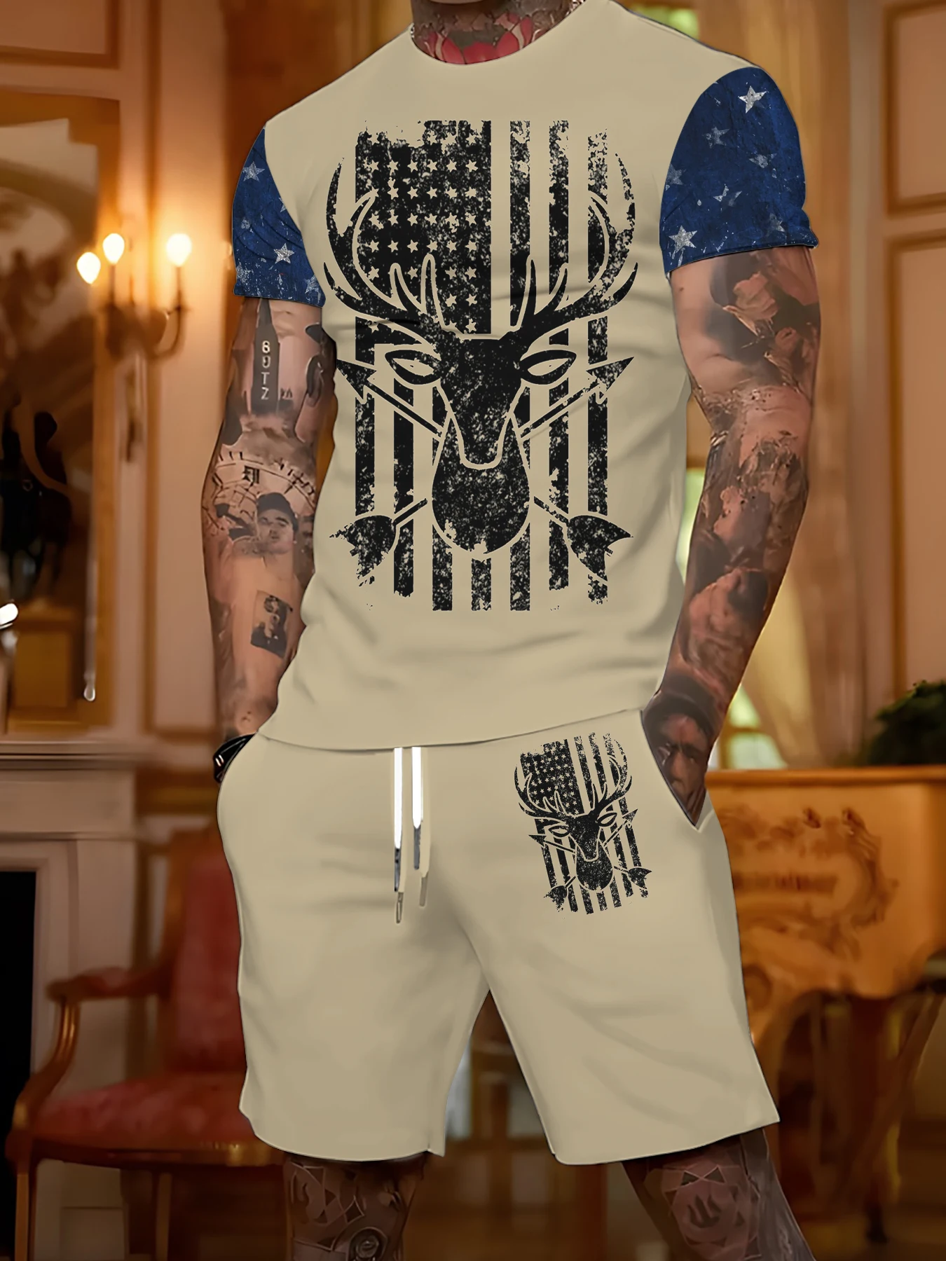 

Мужской энергичный и крутой костюм, комплект из двух предметов с принтом элемента скорпиона, повседневный топ и шорты для активного отдыха