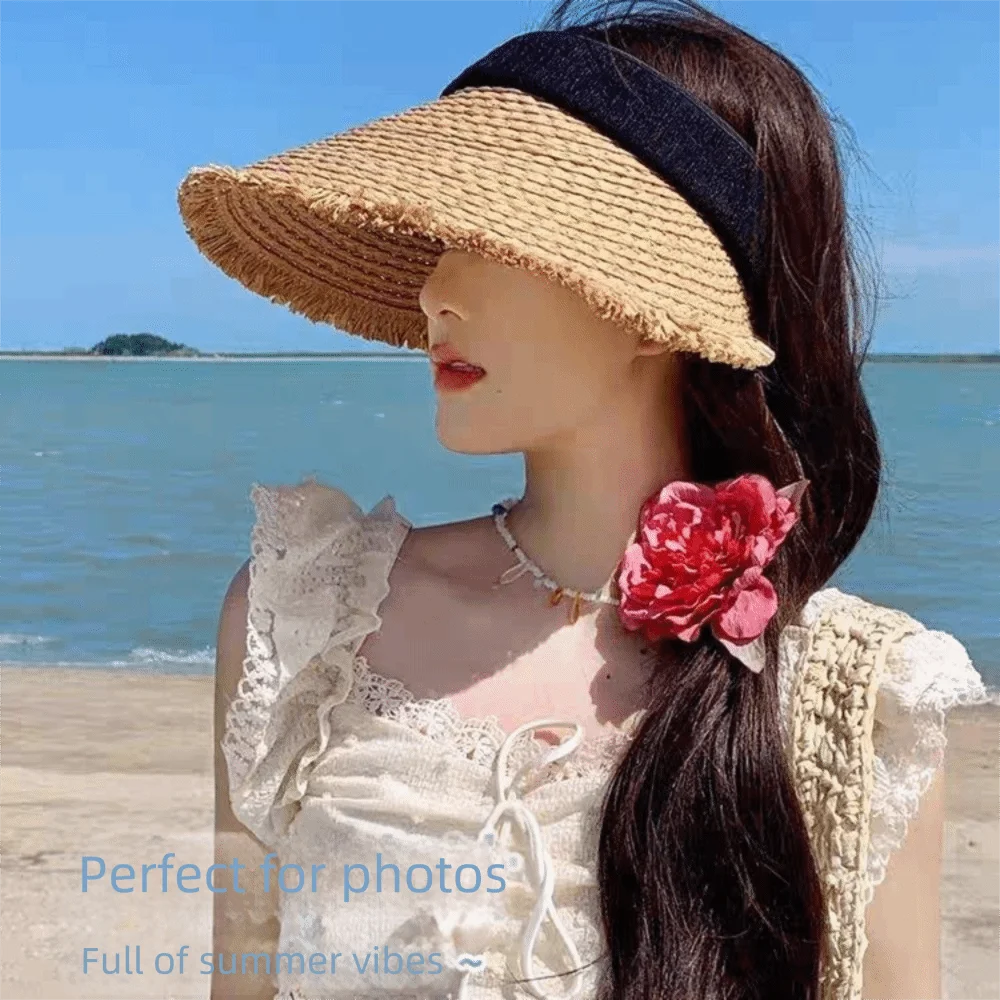 

Simple Woven Straw Visor Cap Hollow Sunscreen Empty Top Hat Breathable Adjustable Summer Sun Cap Women