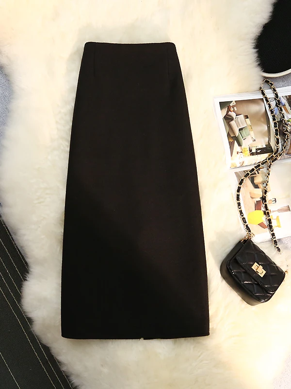 تنورة صوفية قصيرة بنية اللون عالية الخصر للنساء، تنورة خريفية وشتوية على شكل حرف A مع شق، تنورة كورية الطراز للعمل