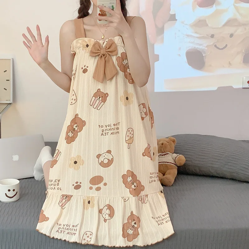 

Women Nightgowns Cotton Sleepwear Dress Princess Night Dress Bear Print Night Gown One Piece Pajamas Sling Sleeveless Nightwear