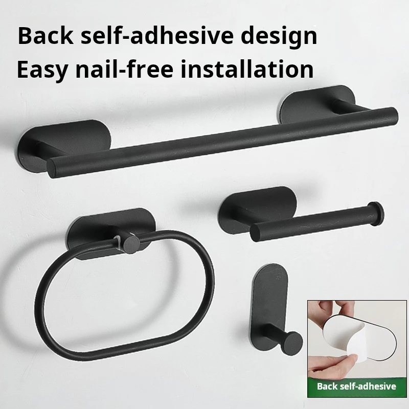 4pcs Bathroom Punch-free Towel Bar Set Stainless Steel Bathroom Hardware Wall-mounted Towel Rack Hook Tissue Holder