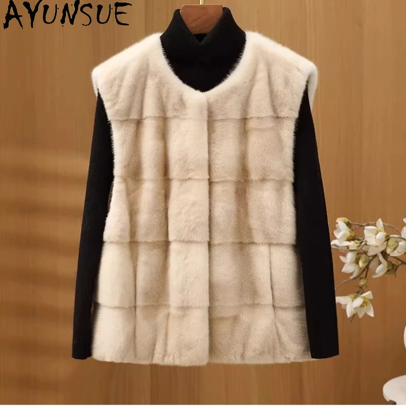 

AYUNSUE цельный норковый жилет из натурального меха, женская роскошная меховая куртка без рукавов, модные меховые пальто, женская одежда Шуба Женская