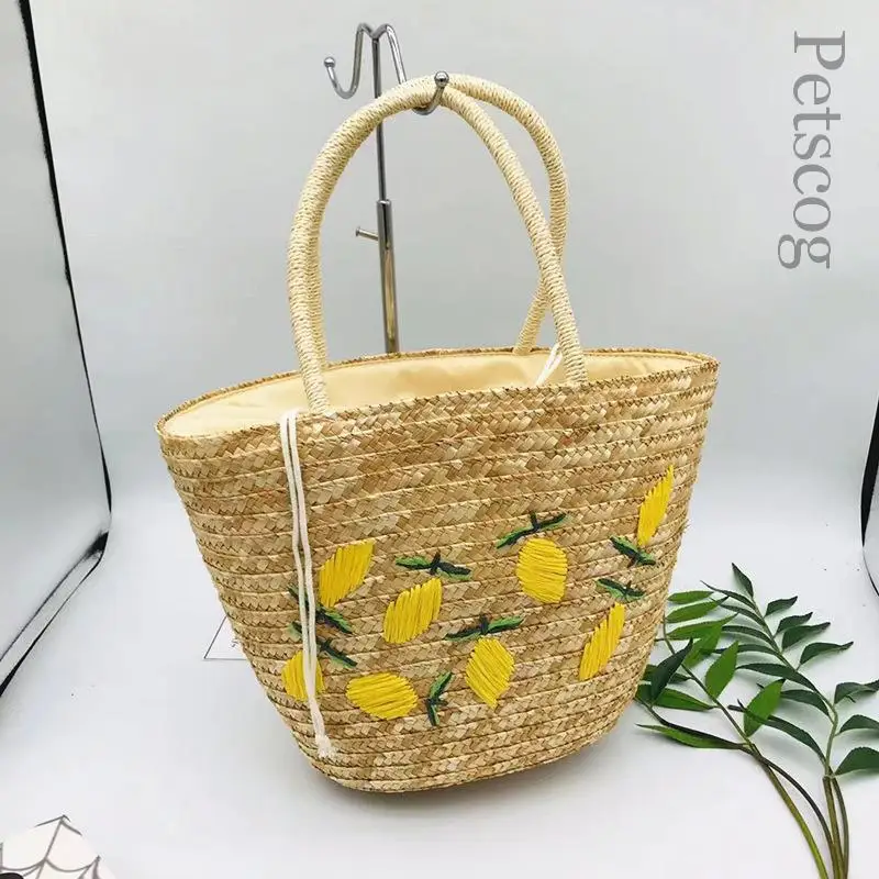 Large Capacity Summer Tote Bags For Women Lemon Pattern Embroidered Straw Bag Bohemian Beach Party Big Handbags Shoulder Bag