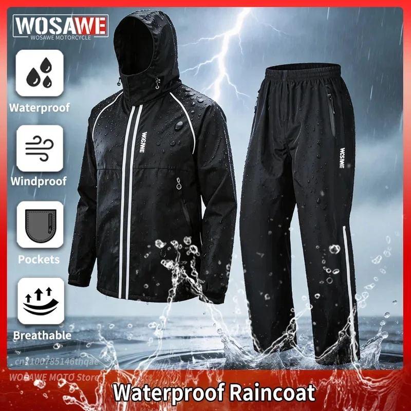 WOSAWE Unisex Split Motorcycle Raincoat Suit Waterproof Hooded Rain Jacket Pants Reflective Motocross Rider Full Body Rain Items