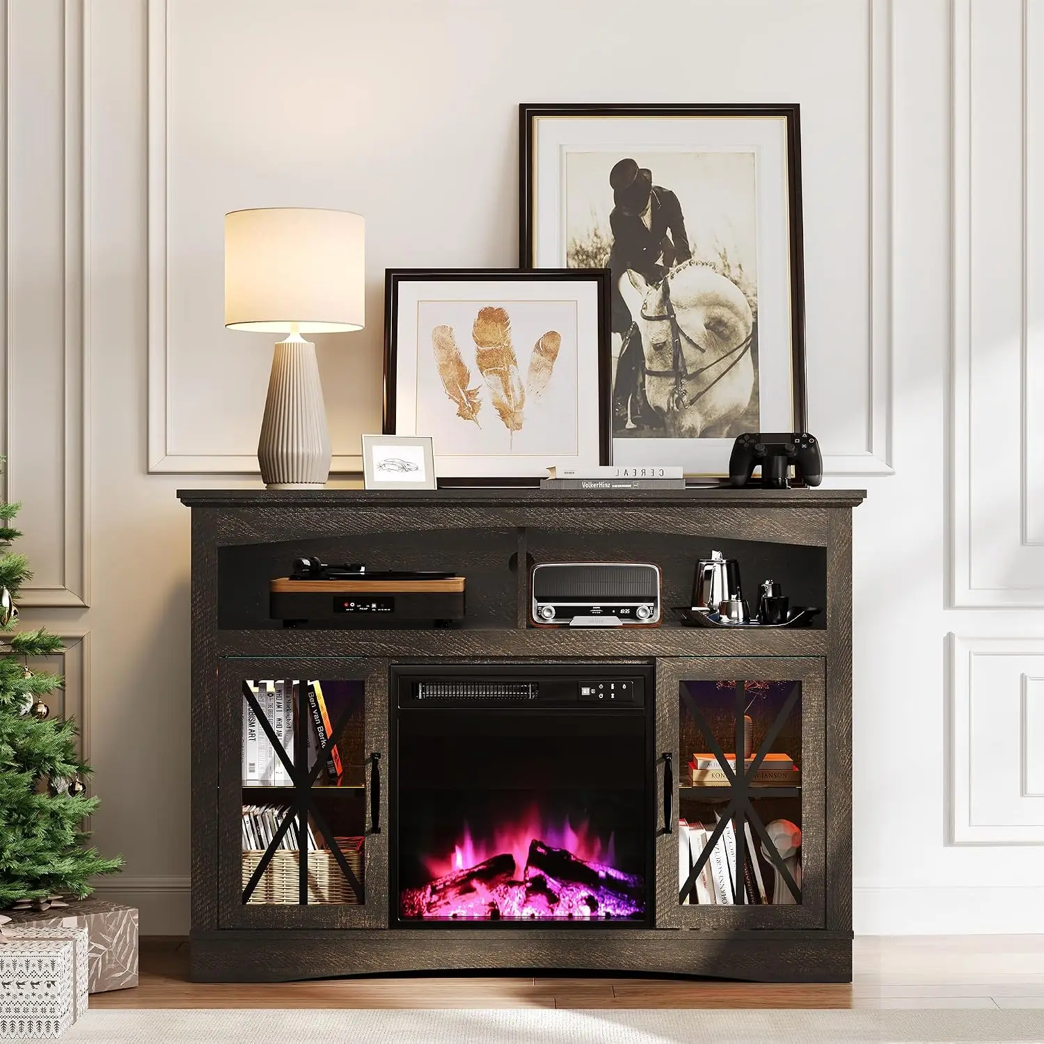 47'' Farmhouse TV Stand with Fireplace & Glass Doors, Media Console with Adjustable Shelves for 18'' Insert, Living Room, Brown,