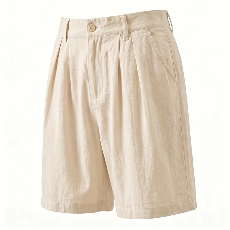 Men Linen Pleated Shorts Elastic Waist Button Zipper Casual Bermuda Shorts Breathable Summer Beach Vacation Suit Short Pants
