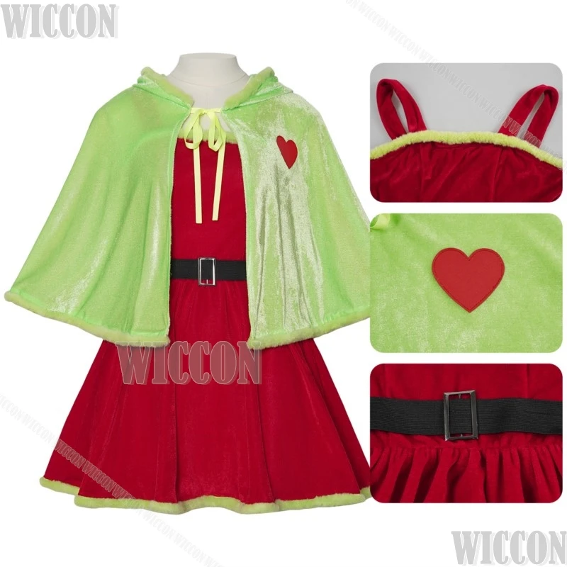 

Рождественское зимнее красное платье, зеленый меховой плащ для девочек, 2026 год, Новый год, зеленое волоса, косплей, женщина-монстр, наряд Comic Con на Хэллоуин