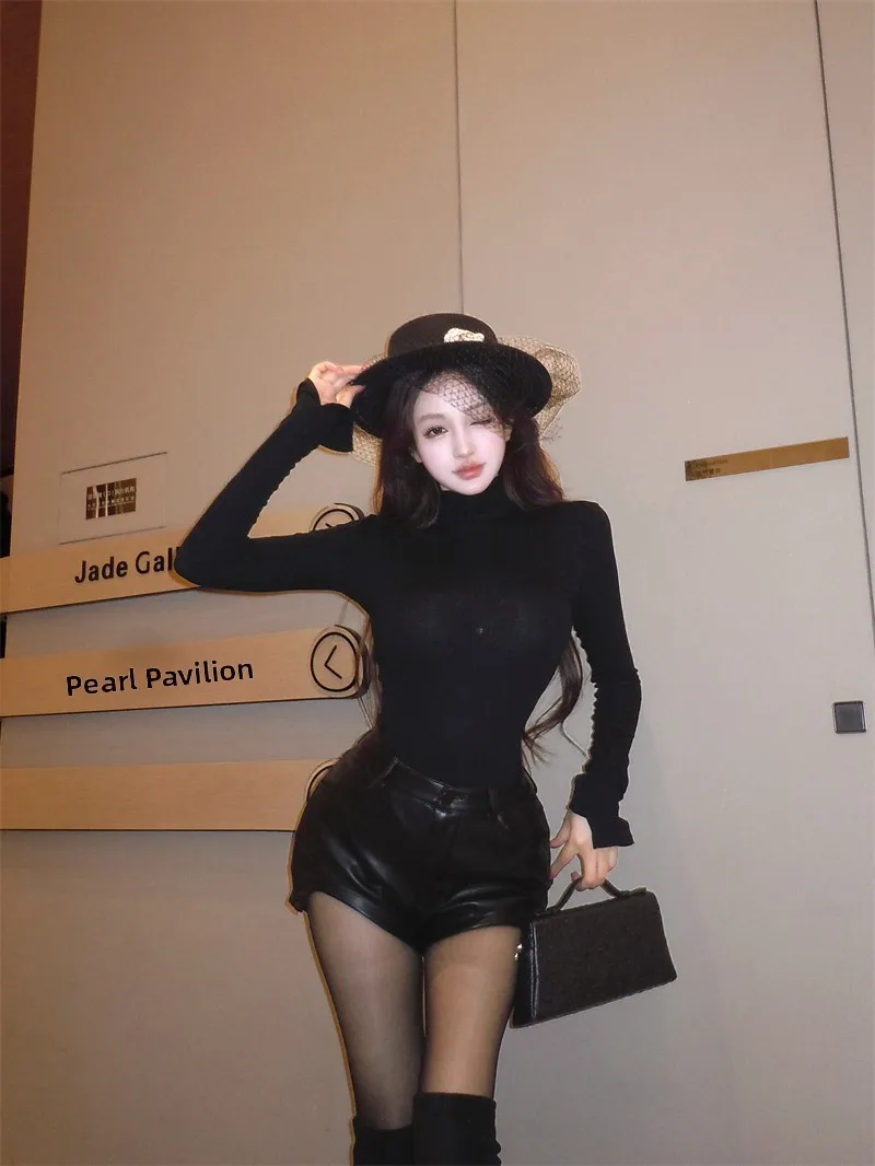 

Slim Fit High Collar Long Sleeve Black PU Leather T-Shirt Women's Winter Set Straight Leg Short Pants Two Piece Set Fashionab...