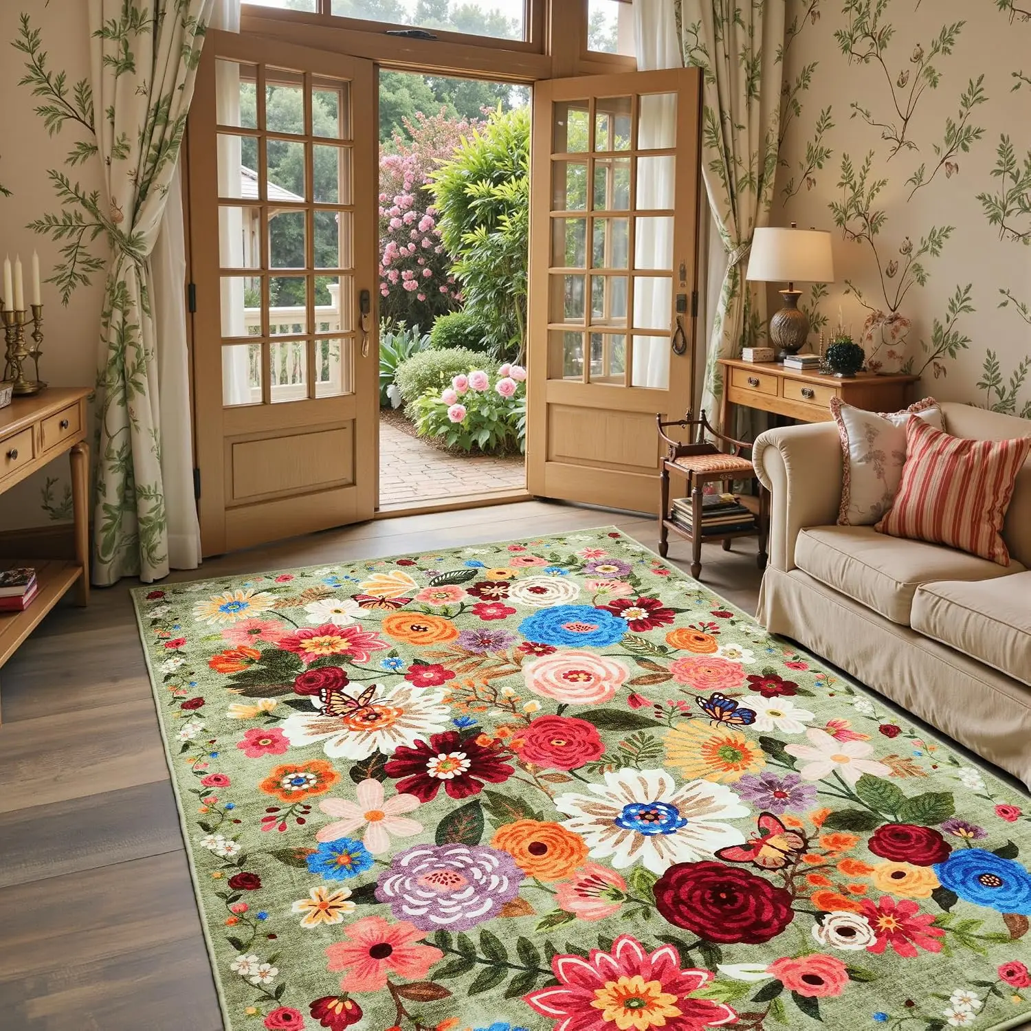Green Floral Washable Rug, Non-Slip Soft Ultra-Thin Carpet, Stain Resistant Mat for Bedroom Entryway Dorm