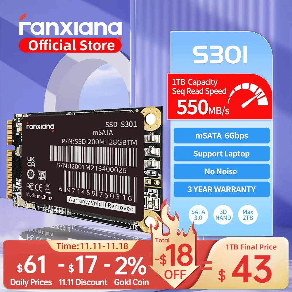 Fanxiang S301 mSATA 550 MB/s 512 GB 1 TB 2 TB mSATA SSD Unidade de estado sólido SATAIII Unidade de estado sólido interna para laptop Dell Lenovo