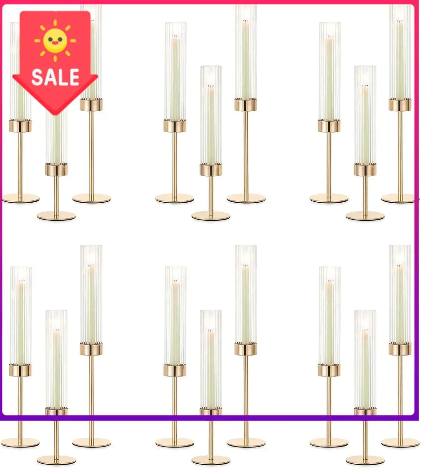 BestsellingHurricane Glass Candles Holder, 18 Pcs Gold Taper Candle Holder Bulk | Candle Stick Holder with Tall Ribbed Chimney S