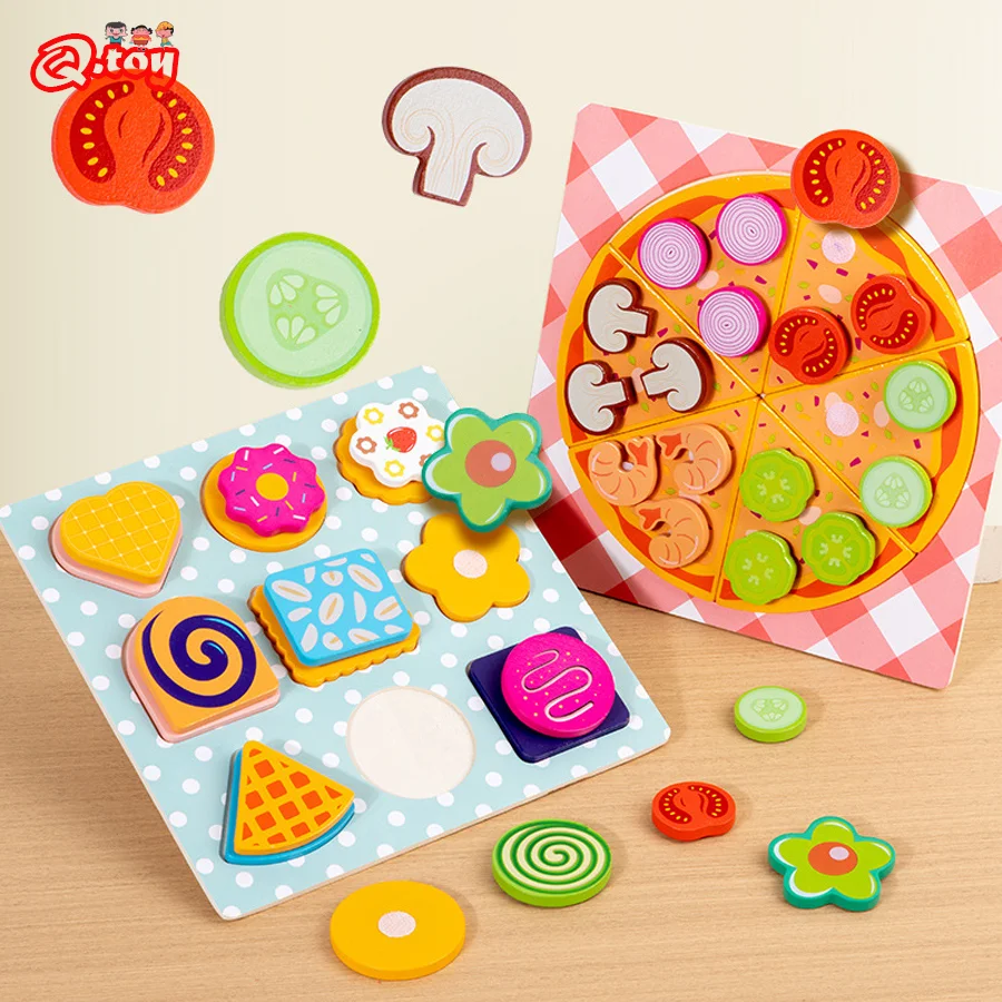 Wooden Pretend Play Game Simulation Pizza Cookies Children Educational Matching Toys Cutting Kitching Play Games Early Learning